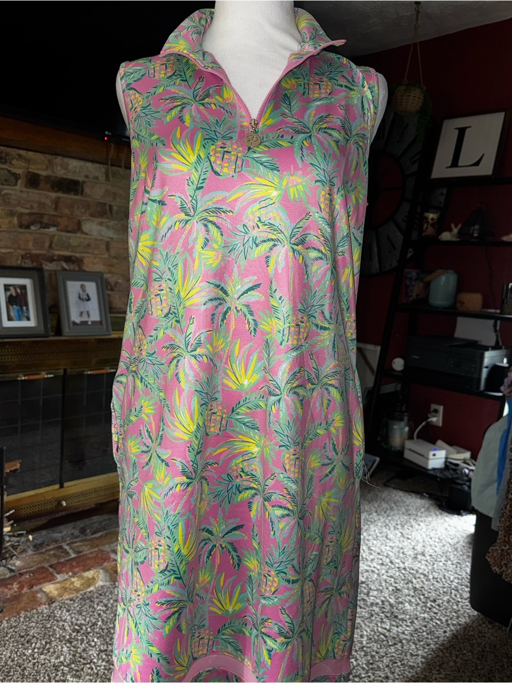 Sleeveless Pink Tropical Midi Dress with Zip Collar